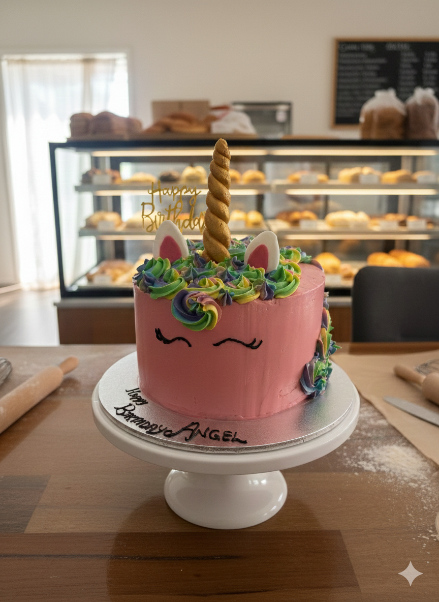 Pink unicorn birthday cake with gold horn, ears and rainbow buttercream swirls