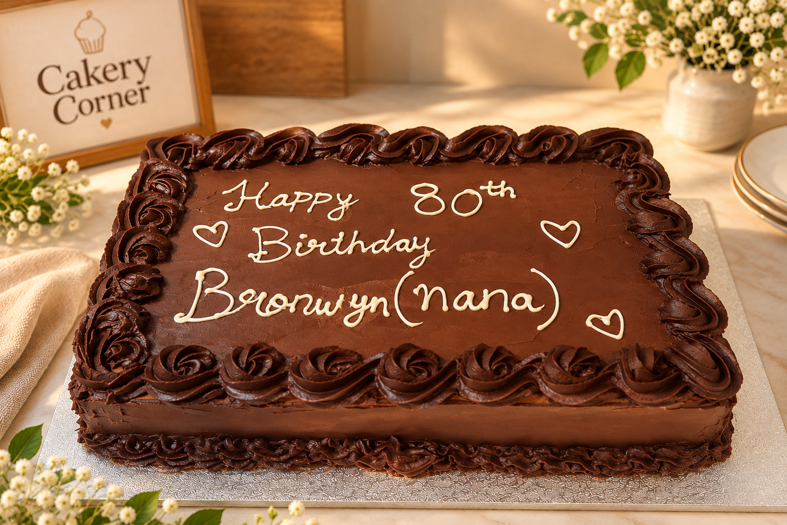 Eggless chocolate sheet cake piped with 'Happy 80th Birthday Bronwyn (nana)' in white script, chocolate rosette border and piped hearts, handcrafted in Bendigo by Cakery Corner