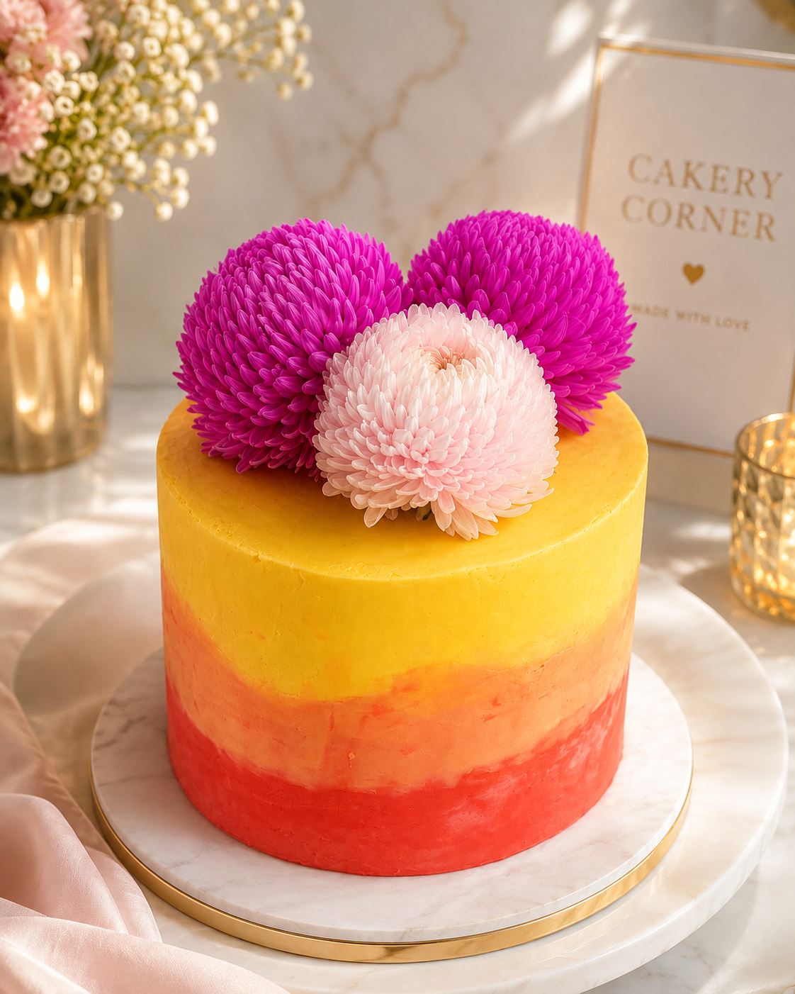 Eggless red, orange and yellow sunset ombre buttercream cake topped with pink and magenta chrysanthemums, handcrafted in Bendigo by Cakery Corner