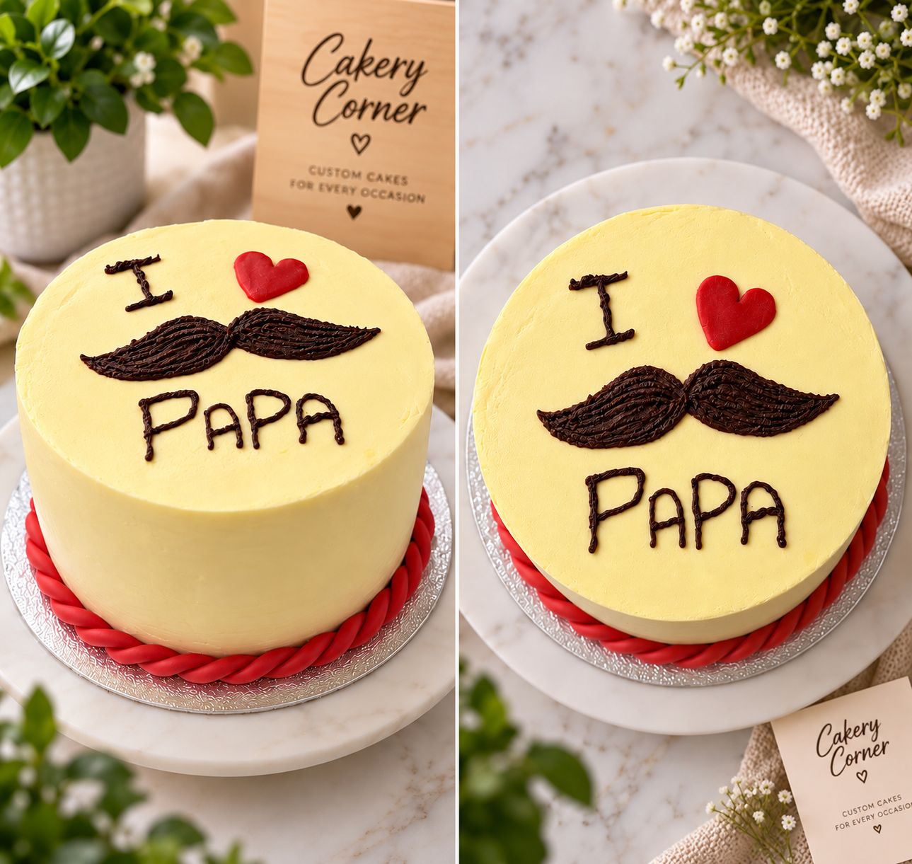Eggless 'I Love Papa' cake with chocolate moustache, red fondant heart and twisted red rope base, handcrafted in Bendigo by Cakery Corner