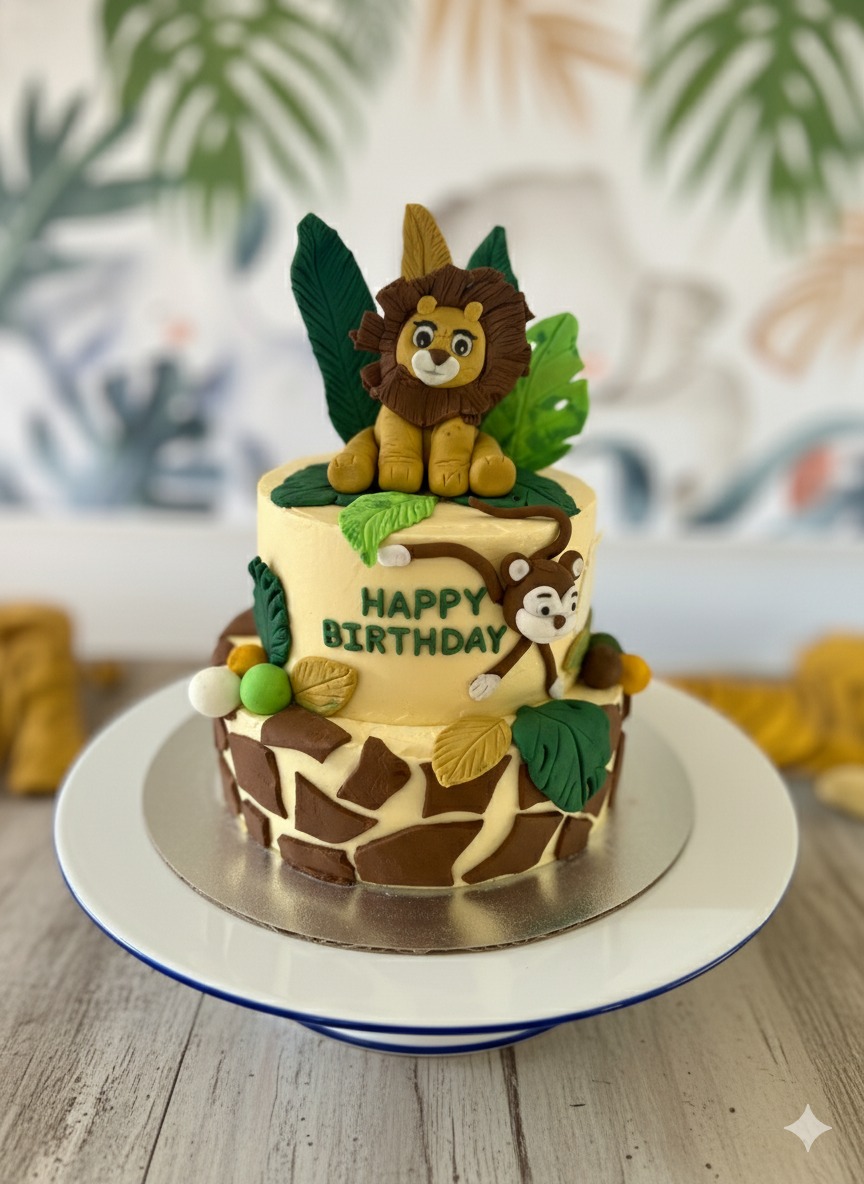 Two-tier buttercream jungle cake with lion topper, leaves and happy birthday lettering