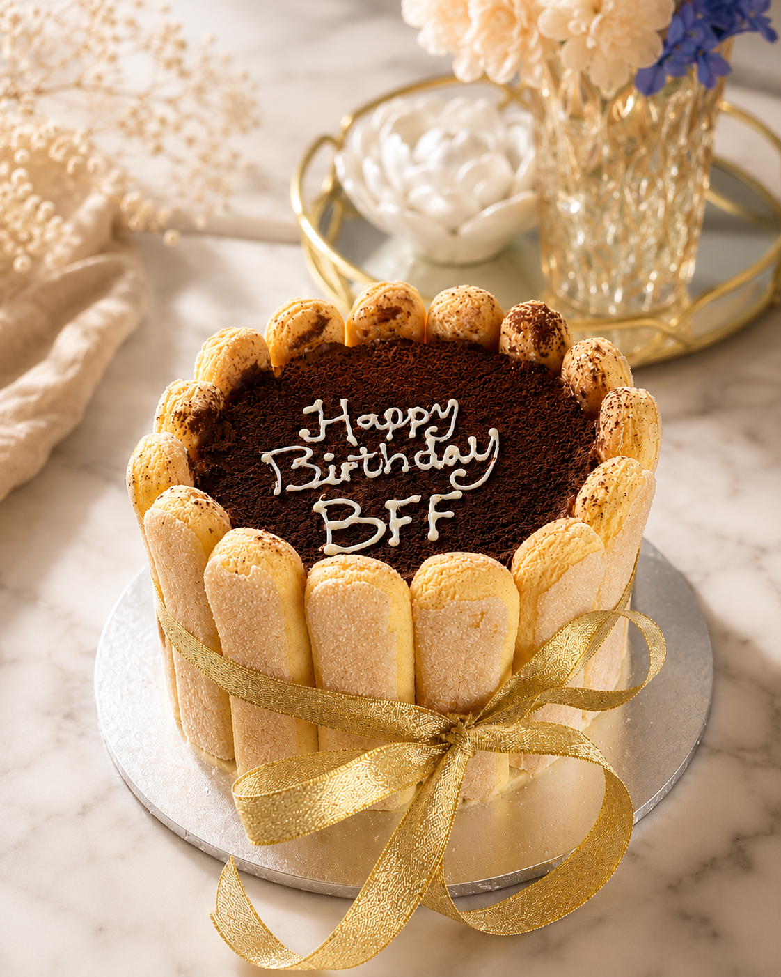 Eggless tiramisu birthday cake for a best friend with 'Happy Birthday BFF' piping, ladyfinger surround and gold ribbon, handcrafted in Bendigo by Cakery Corner