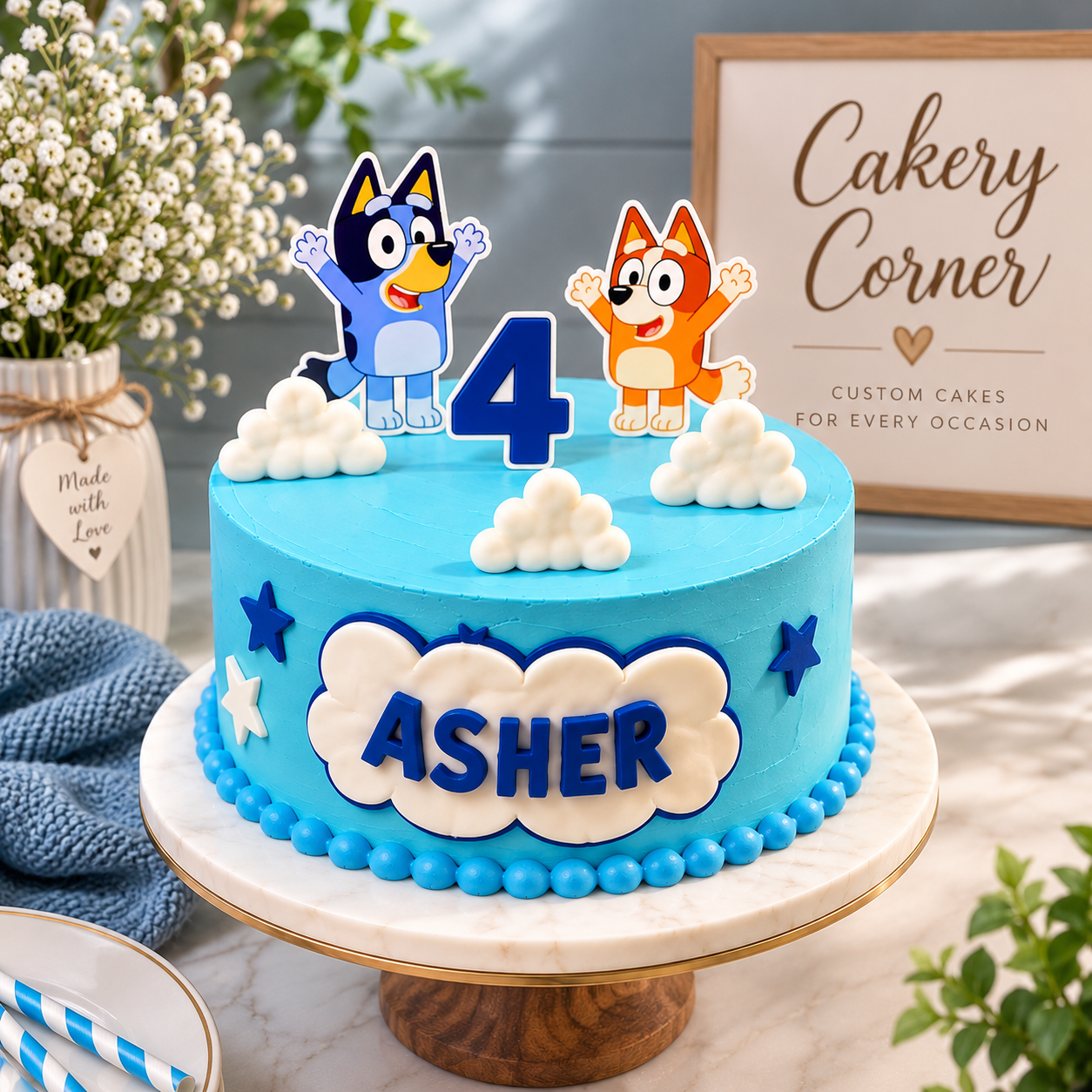 Eggless Bluey and Bingo themed fourth birthday cake for Asher, with blue buttercream, fondant clouds and name plaque, handcrafted in Bendigo by Cakery Corner