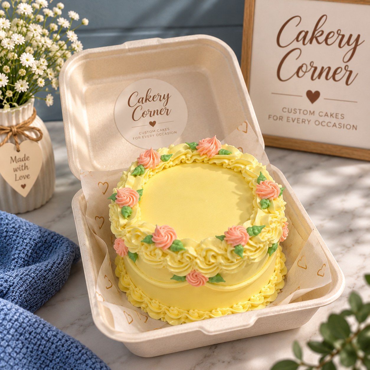 Eggless bento lunchbox cake with soft yellow buttercream rosettes and peach blossoms, handcrafted in Bendigo by Cakery Corner