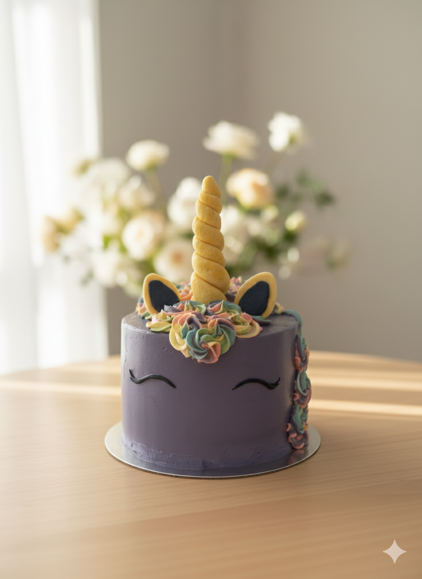 Pastel unicorn cake with smooth purple finish and gold horn photographed in soft natural light