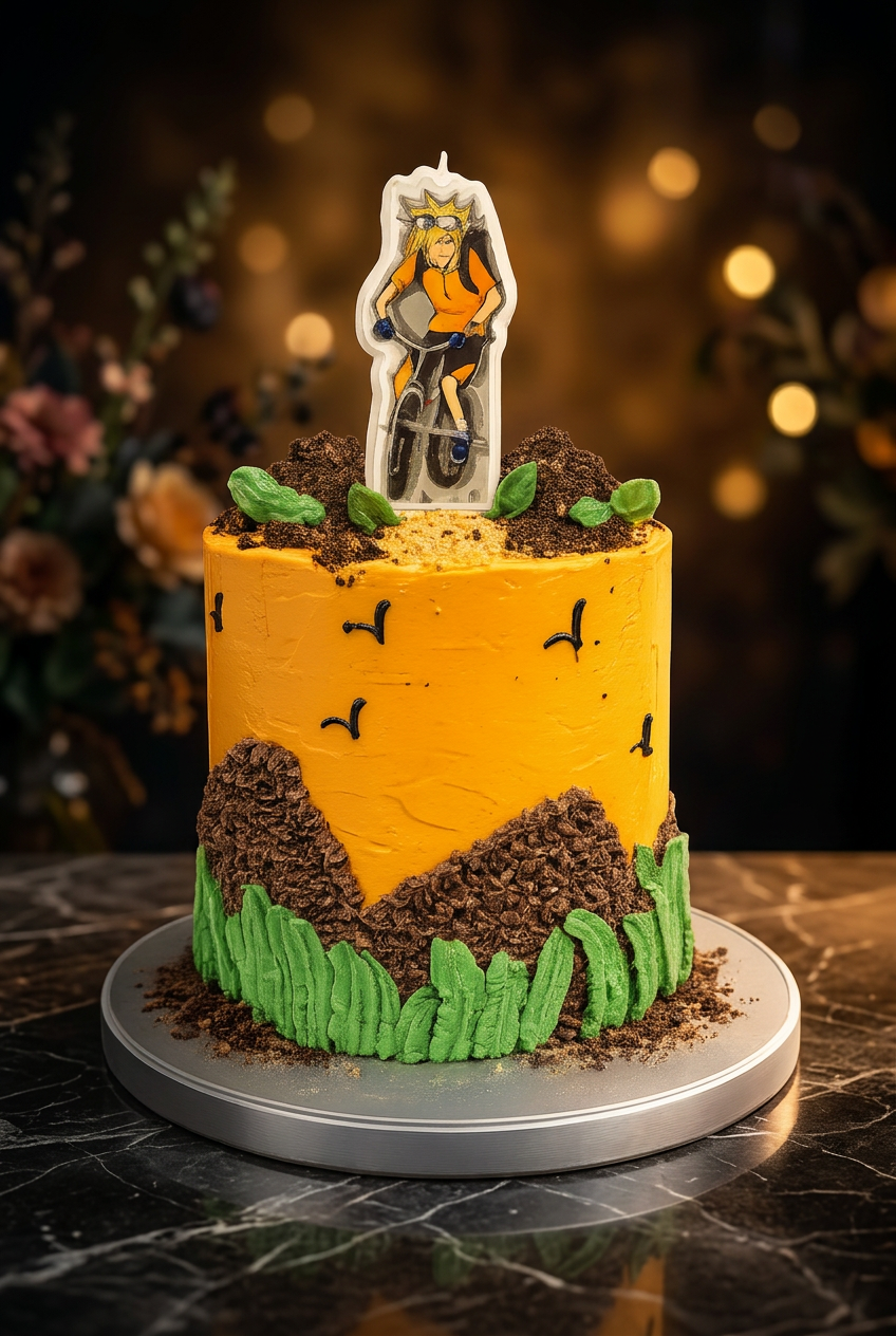 Mountain biking themed birthday cake with cyclist topper, chocolate mountains and green buttercream grass