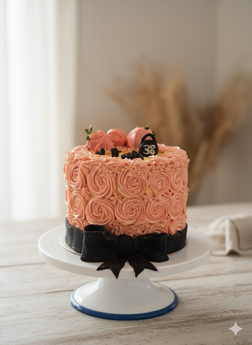 Pink buttercream rosette birthday cake with black ribbon detail on white cake stand