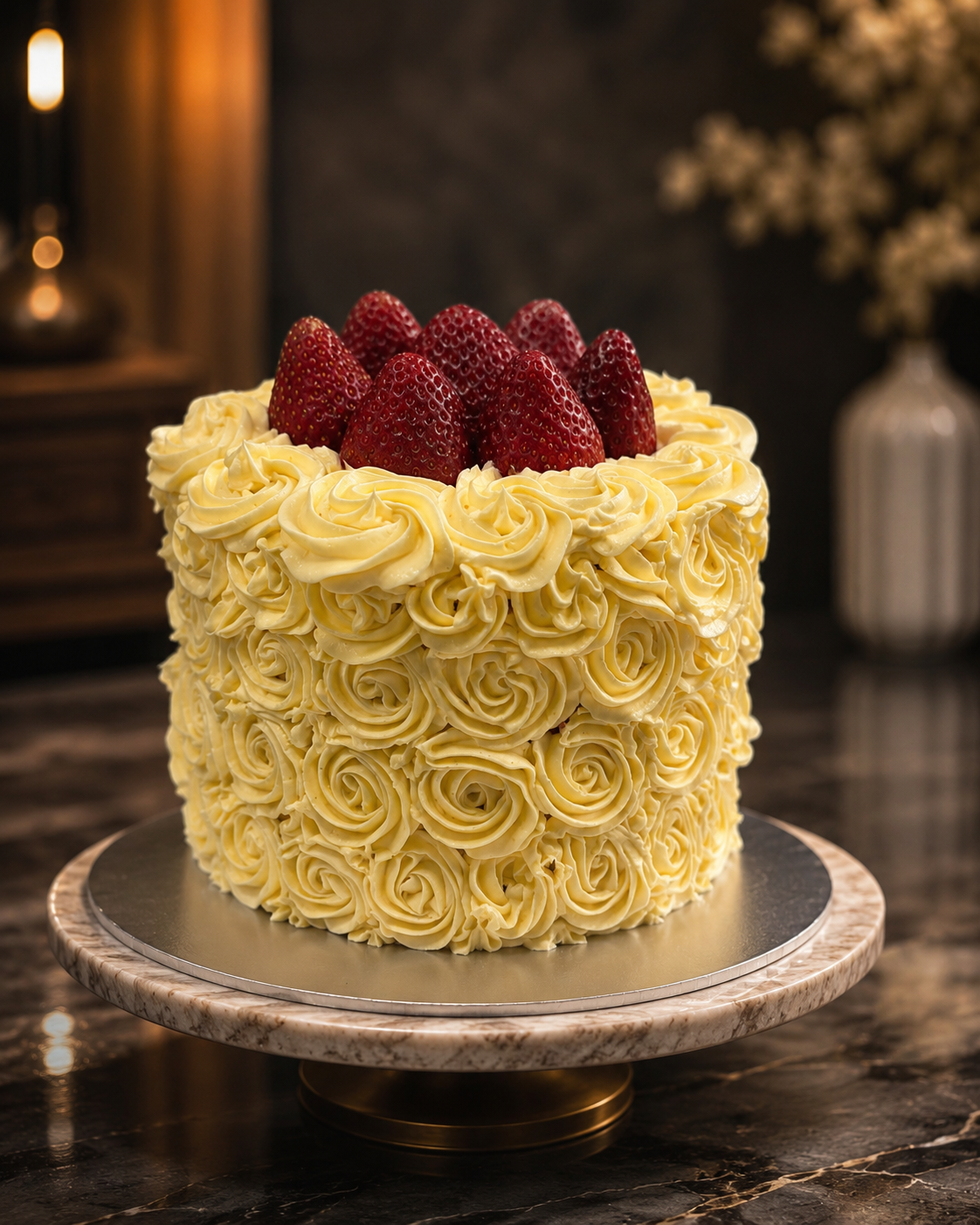 Yellow buttercream rosette birthday cake topped with fresh strawberries on a marble stand
