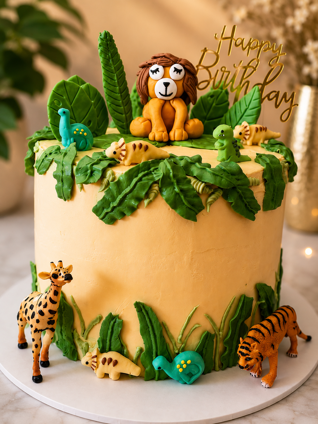 Jungle birthday cake with lion topper, safari animals and green fondant leaves
