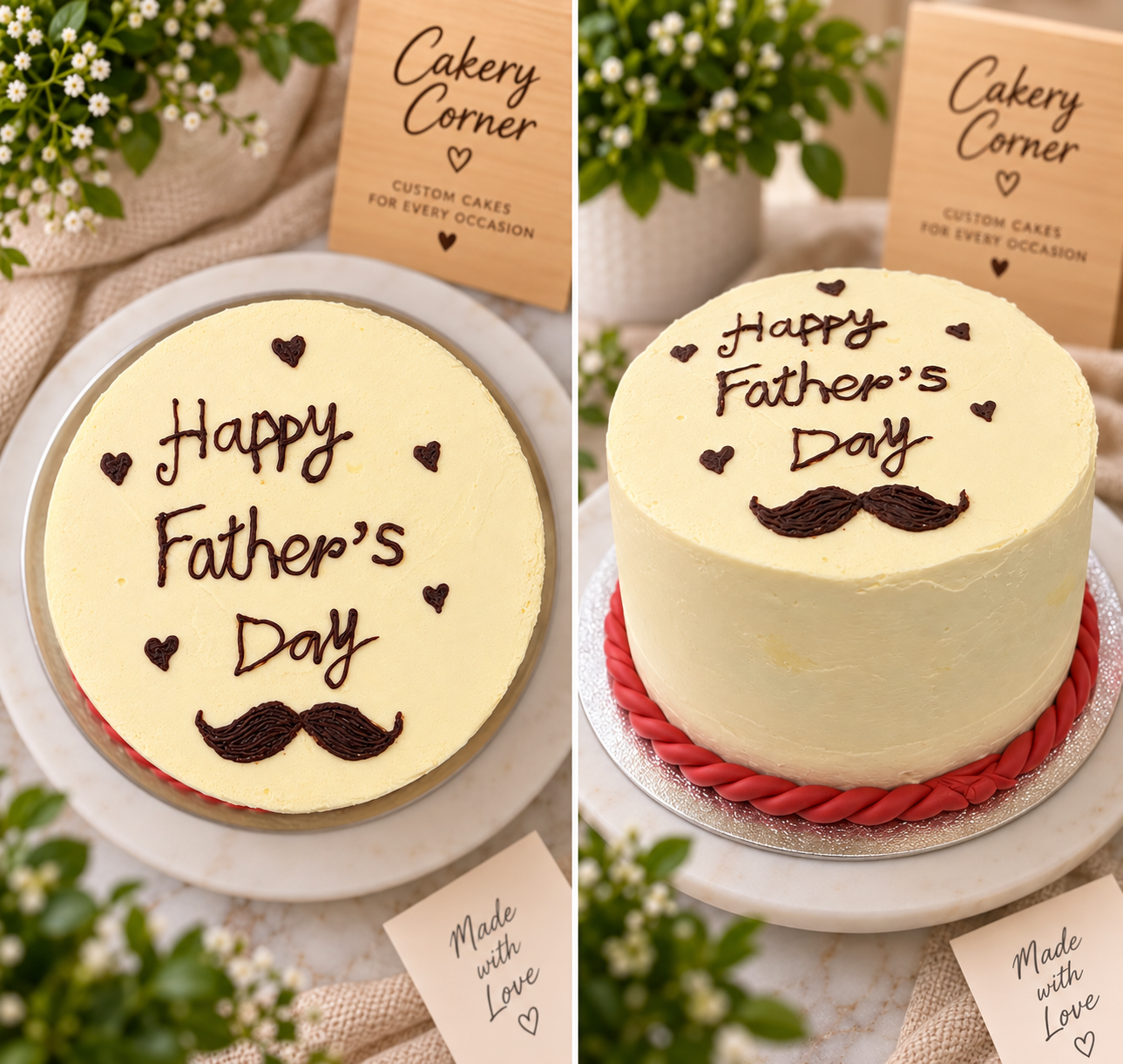 Eggless 'Happy Father's Day' buttercream cake with chocolate moustache, piped hearts and red fondant rope border, handcrafted in Bendigo by Cakery Corner