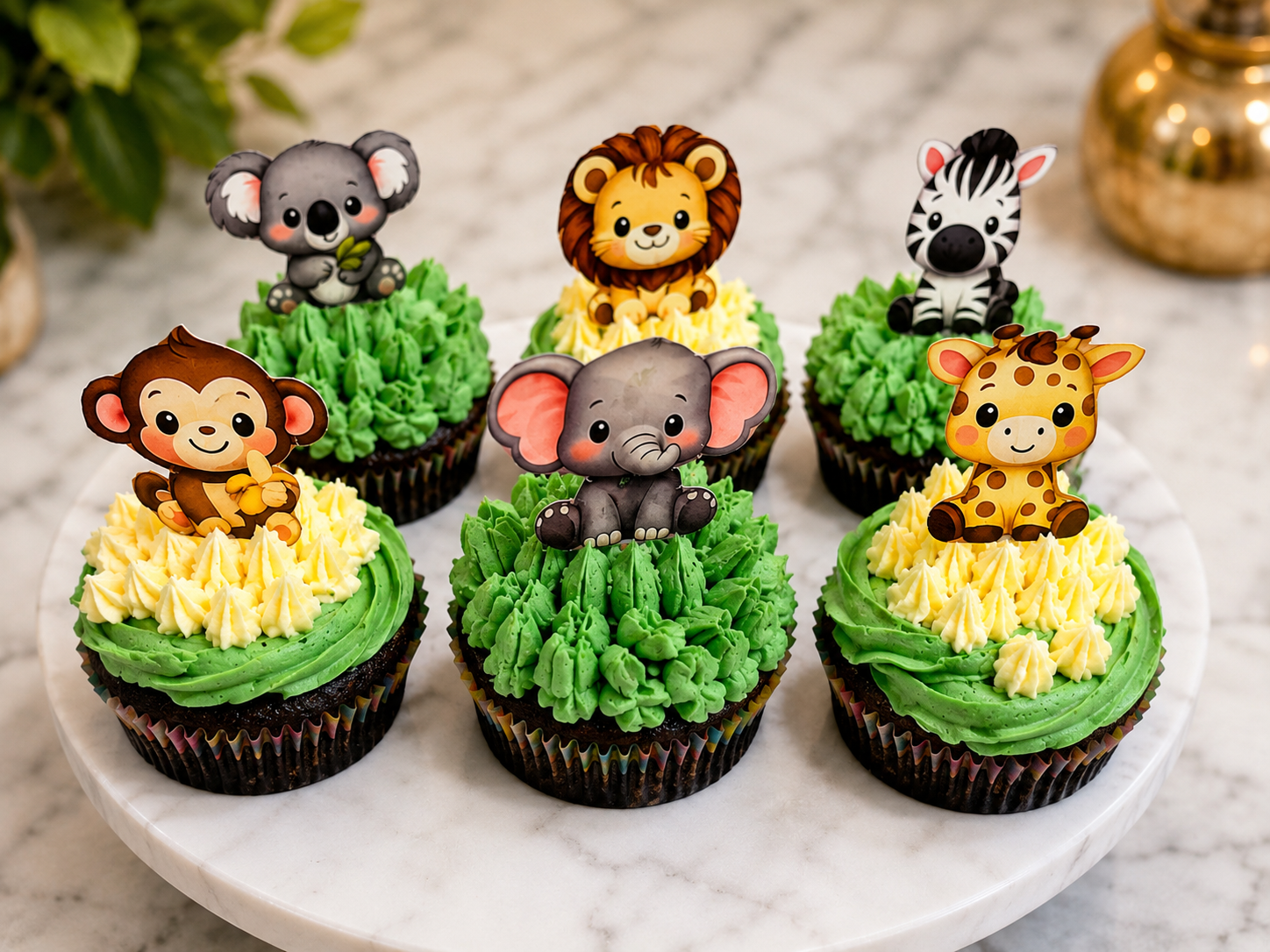 Jungle themed cupcakes with animal toppers and green buttercream piping on marble stand