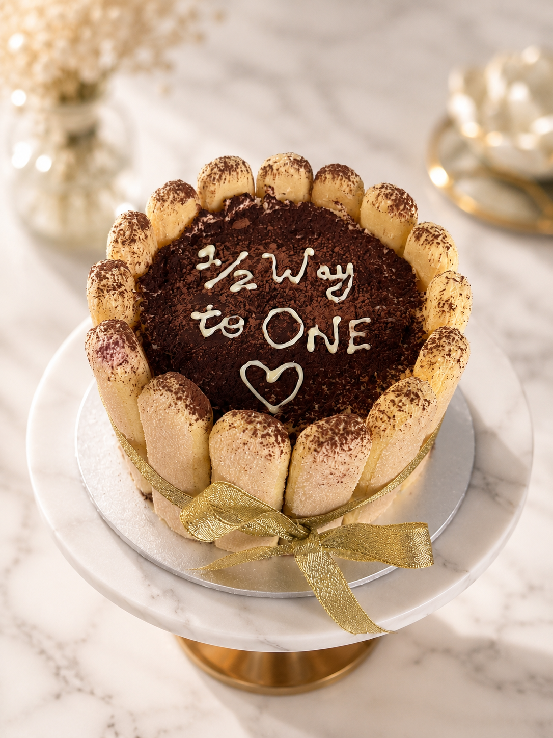 Eggless '½ Way to One' tiramisu half-birthday cake with ladyfinger border, cocoa dusting and gold ribbon, handcrafted in Bendigo by Cakery Corner