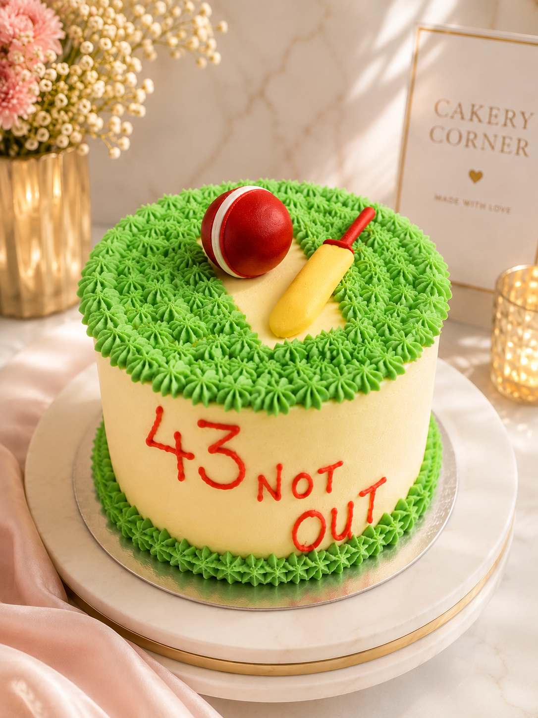 Eggless cricket-themed '43 Not Out' birthday cake with green piped grass border, fondant cricket ball and bat, handcrafted in Bendigo by Cakery Corner
