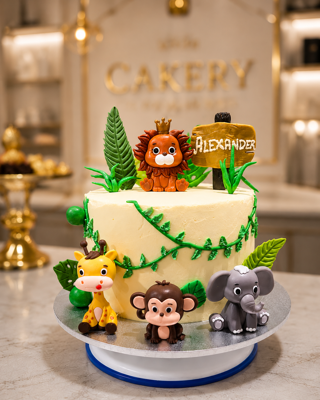 Custom jungle name cake with fondant lion topper and personalised sign detail