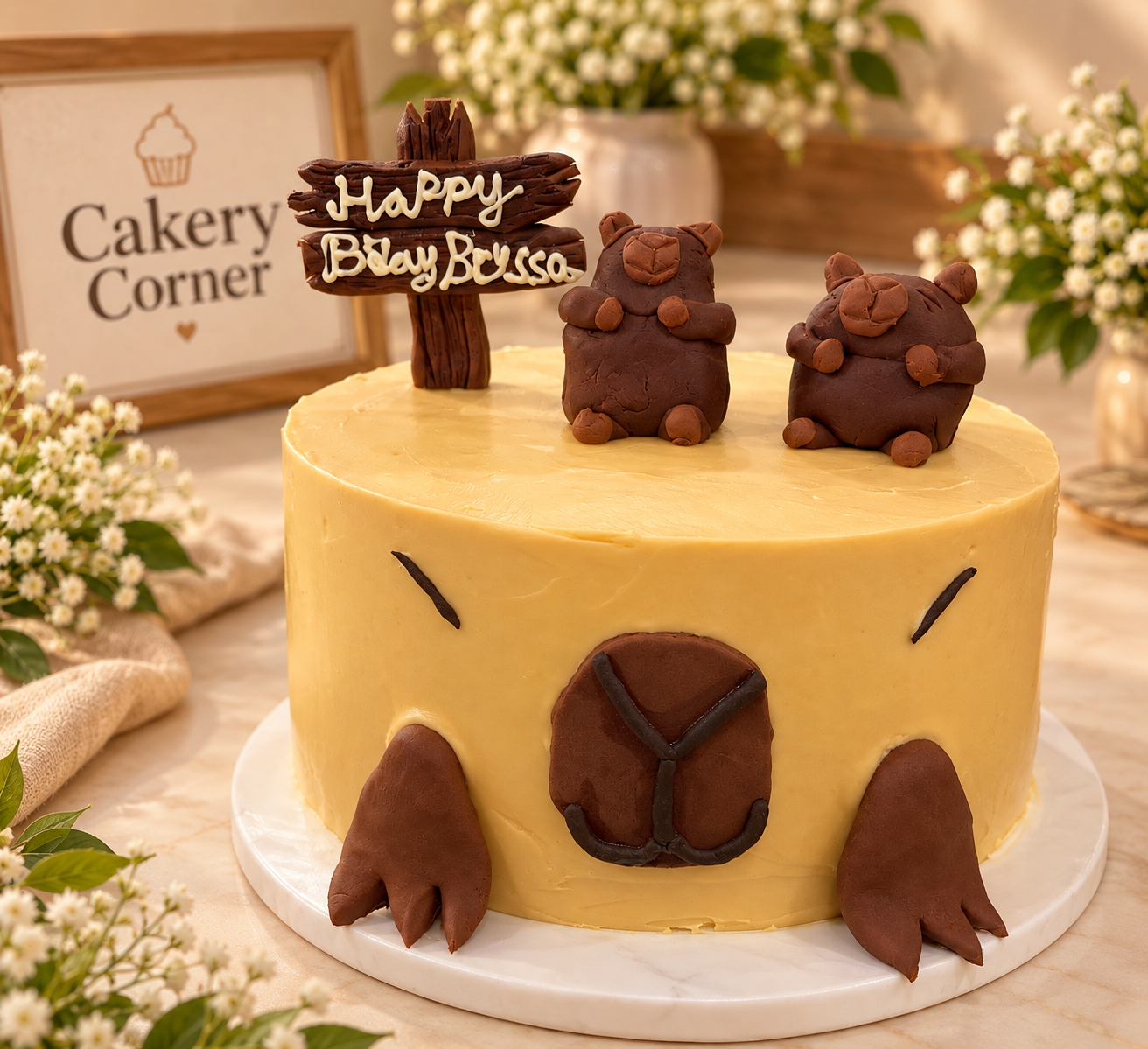 Eggless sleepy bear birthday cake sculpted in golden-brown buttercream with closed eyes and piped paws, topped with a wooden 'Happy Bday Bryssa' signpost and two baby bear figures, handcrafted in Bendigo by Cakery Corner